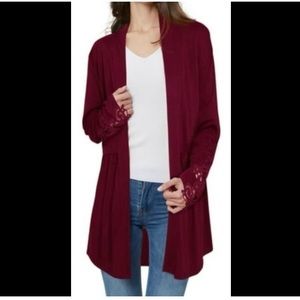 Nlife Women’s Crochet Cutout Long Sleeve Open Front Pleated Cardigan